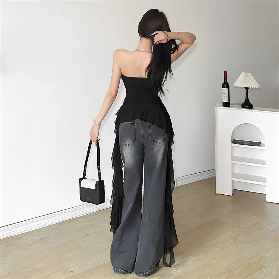 Nibber 2024 Spring New Solid Color Sweet Gentle Cute All-match High Street Travel Sexy Cool Women Chest Wrap ruched Tassel Vest