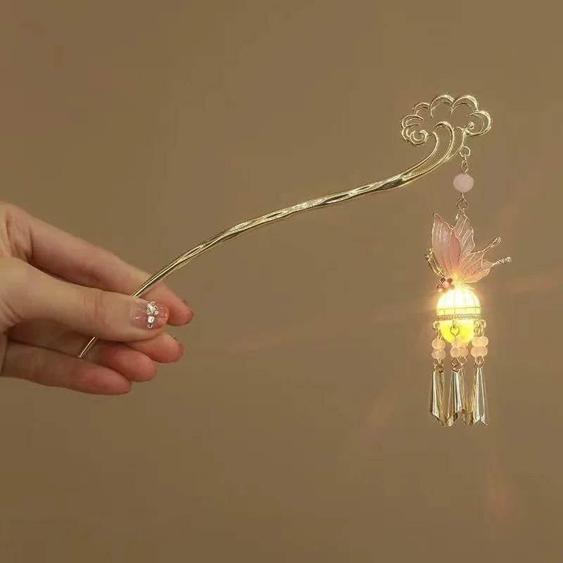 Luminous Flower Hairpin For Women Creative Lotus Emit Light Lantern Tassel Hair Stick Vintage Chinese Style Metal Hair Accessory