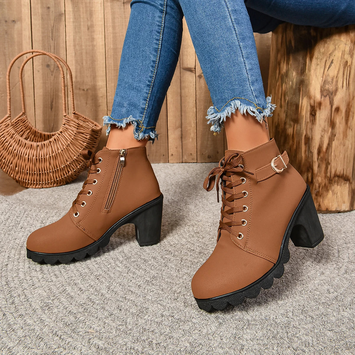 2024 New Spring Winter Women Pumps Boots High Quality Lace-up European Ladies Shoes PU High Heels Boots Fast Delivery