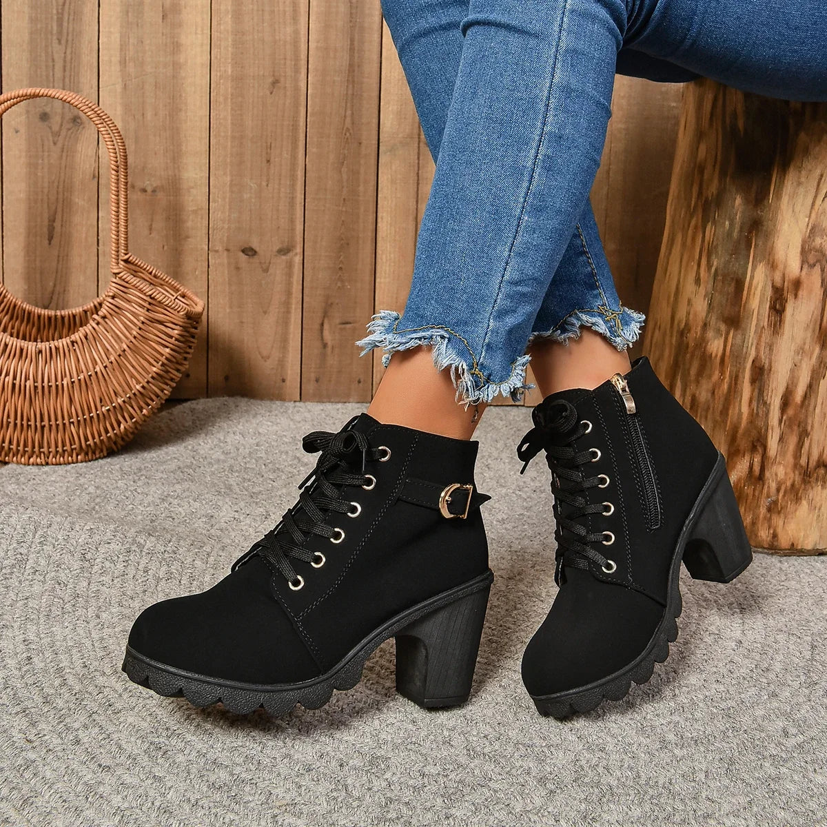2024 New Spring Winter Women Pumps Boots High Quality Lace-up European Ladies Shoes PU High Heels Boots Fast Delivery