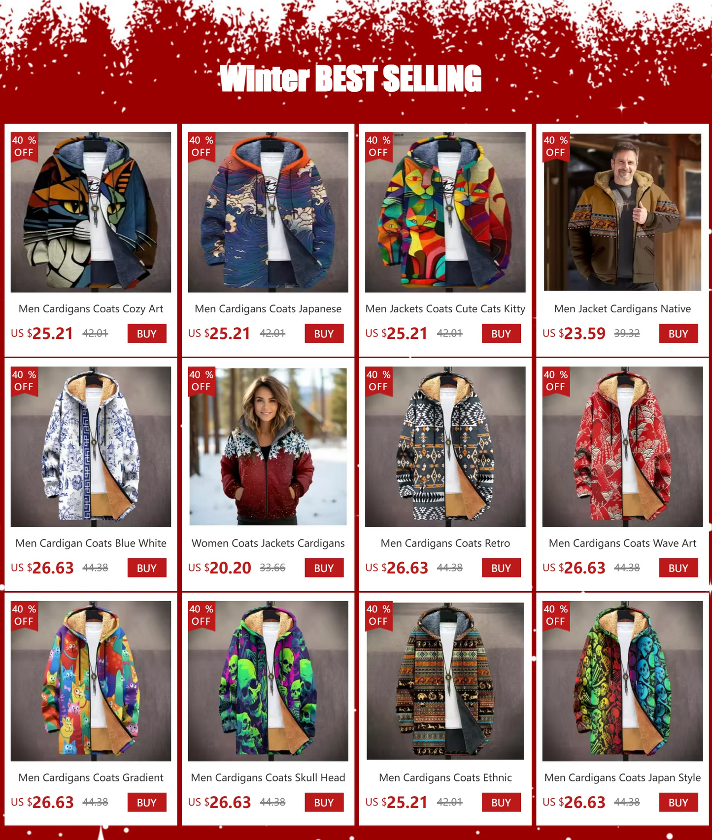 Men Jackets Coats Cute Cats Kitty Printed Zipper Cardigans Cozy Art Graphics Plush Thick Winter Warm Casual Streetwear Clothing