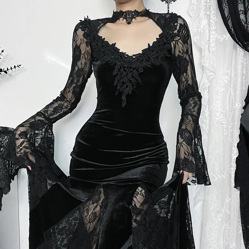 Aesthetic Gothic Midi Dress Women Vintage Split Maxi Dresses Vintage Black Velvet Chain Patchwork Bodycon Long Dress Grunge Robe