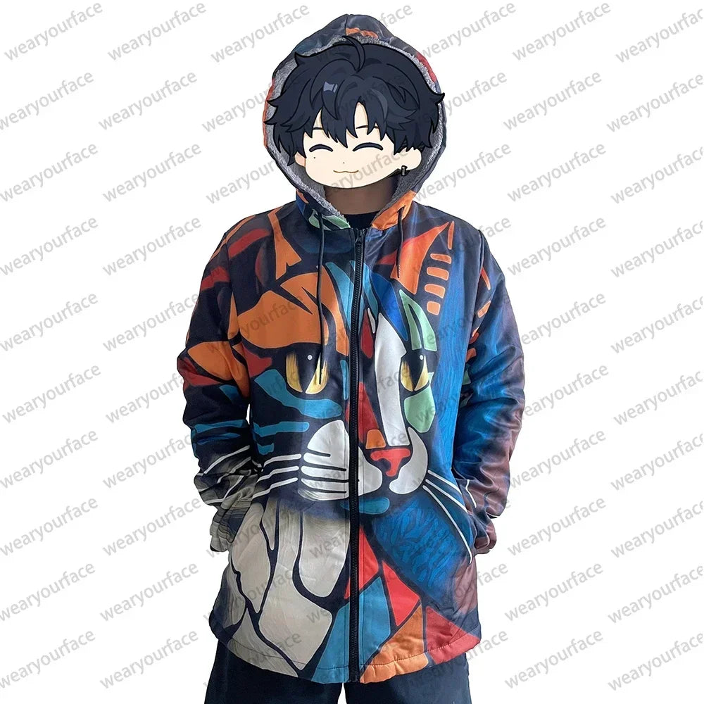 Men Jackets Coats Cute Cats Kitty Printed Zipper Cardigans Cozy Art Graphics Plush Thick Winter Warm Casual Streetwear Clothing