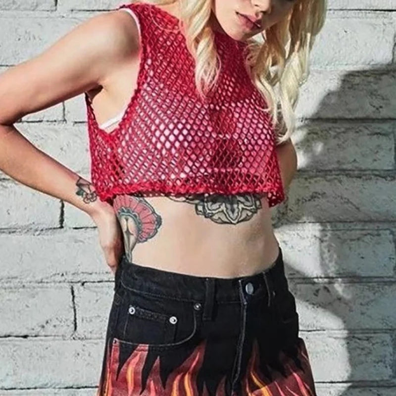 Sexy Black/Red Hollow Out Crop Top 2023 Mesh T-shirt Female Loose Fashion Summer Basic Tops For Women Fishnet Shirt