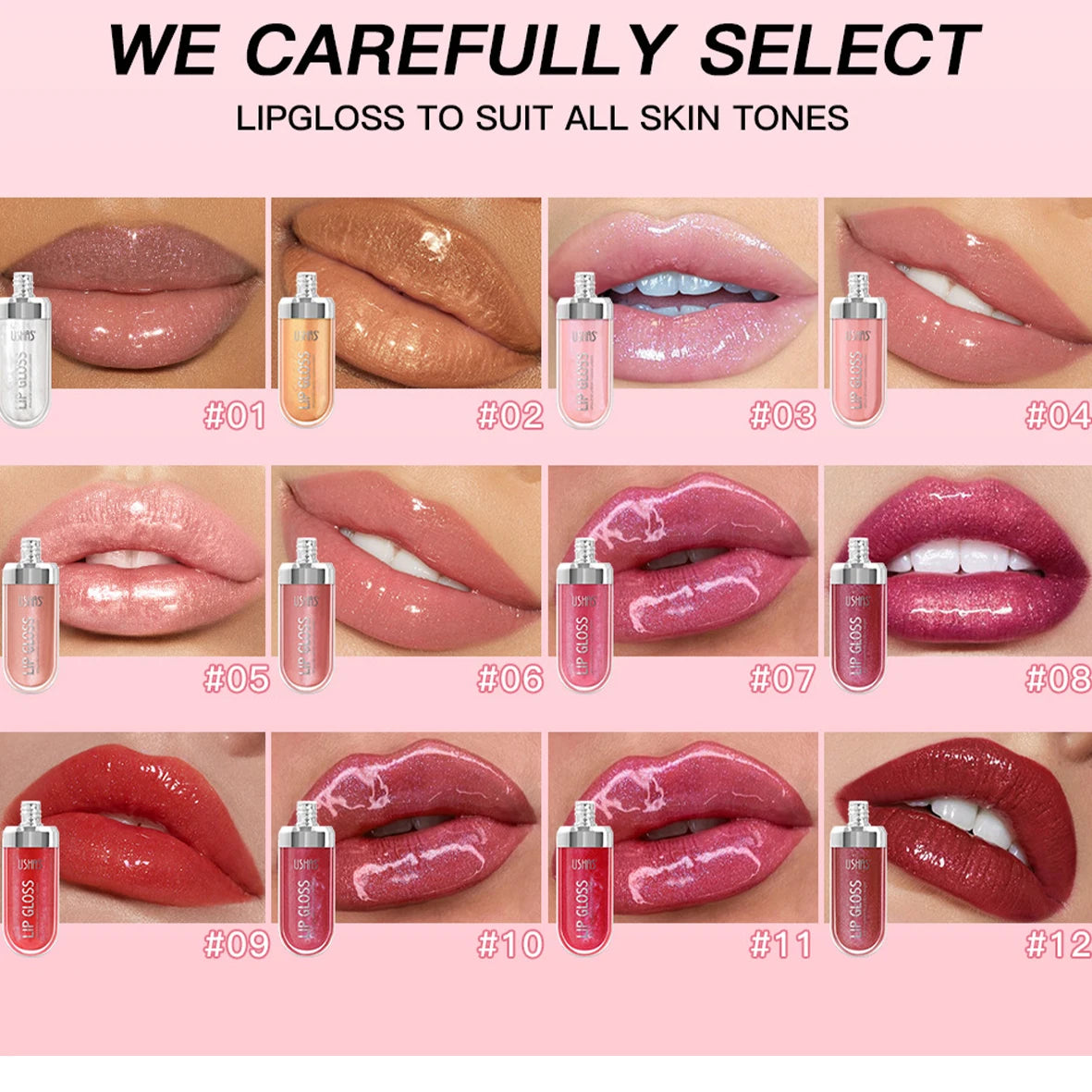 USHAS 12 colors mirror fine flash liquid lipstick pearlescent color waterproof sweatproof non-stick cup lip gloss