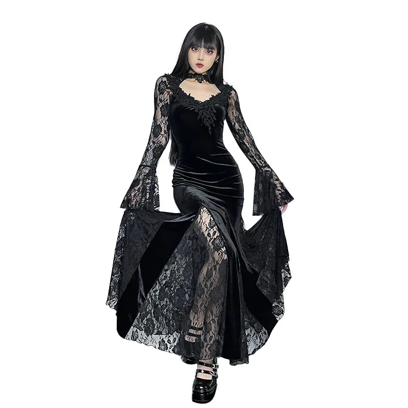 Aesthetic Gothic Midi Dress Women Vintage Split Maxi Dresses Vintage Black Velvet Chain Patchwork Bodycon Long Dress Grunge Robe