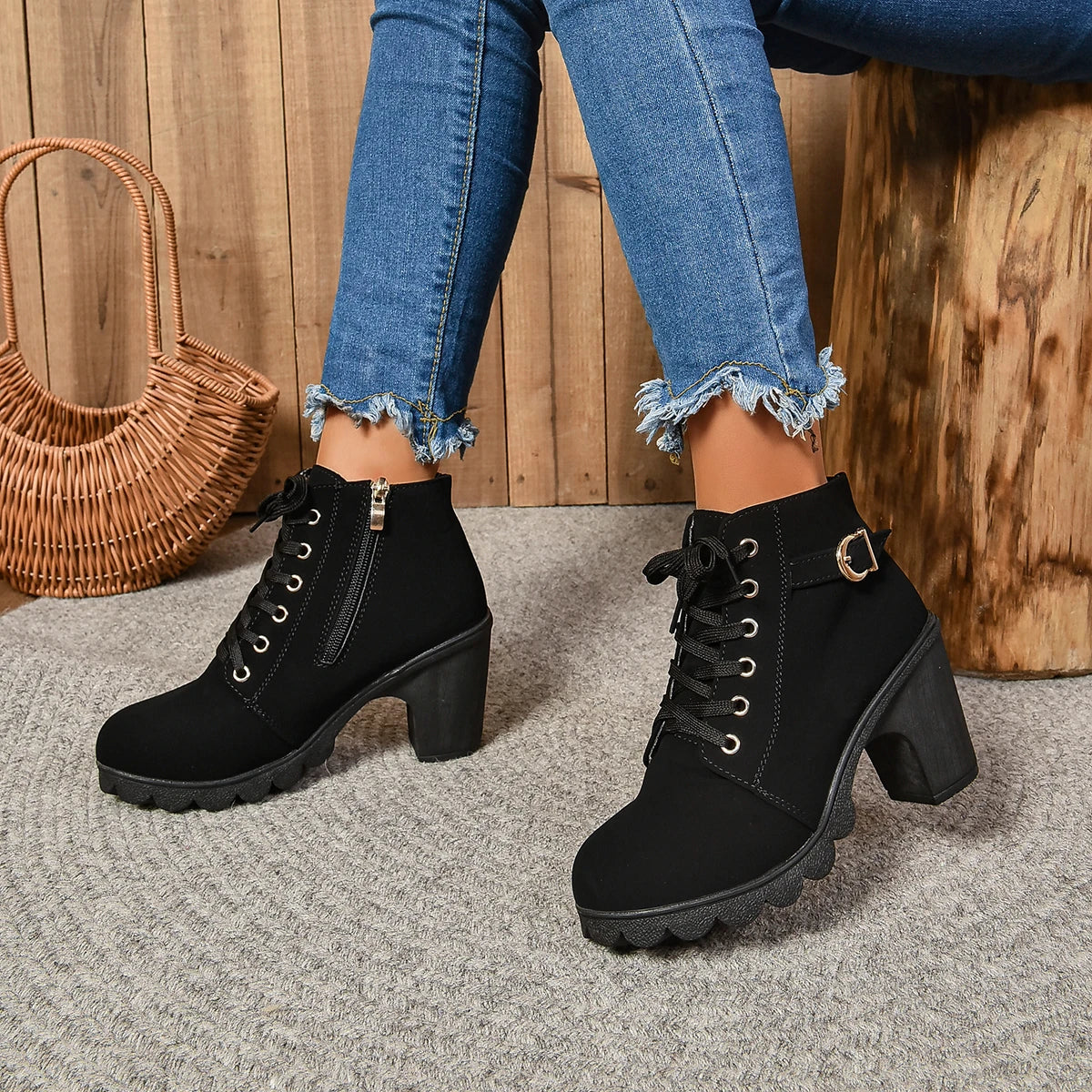 2024 New Spring Winter Women Pumps Boots High Quality Lace-up European Ladies Shoes PU High Heels Boots Fast Delivery