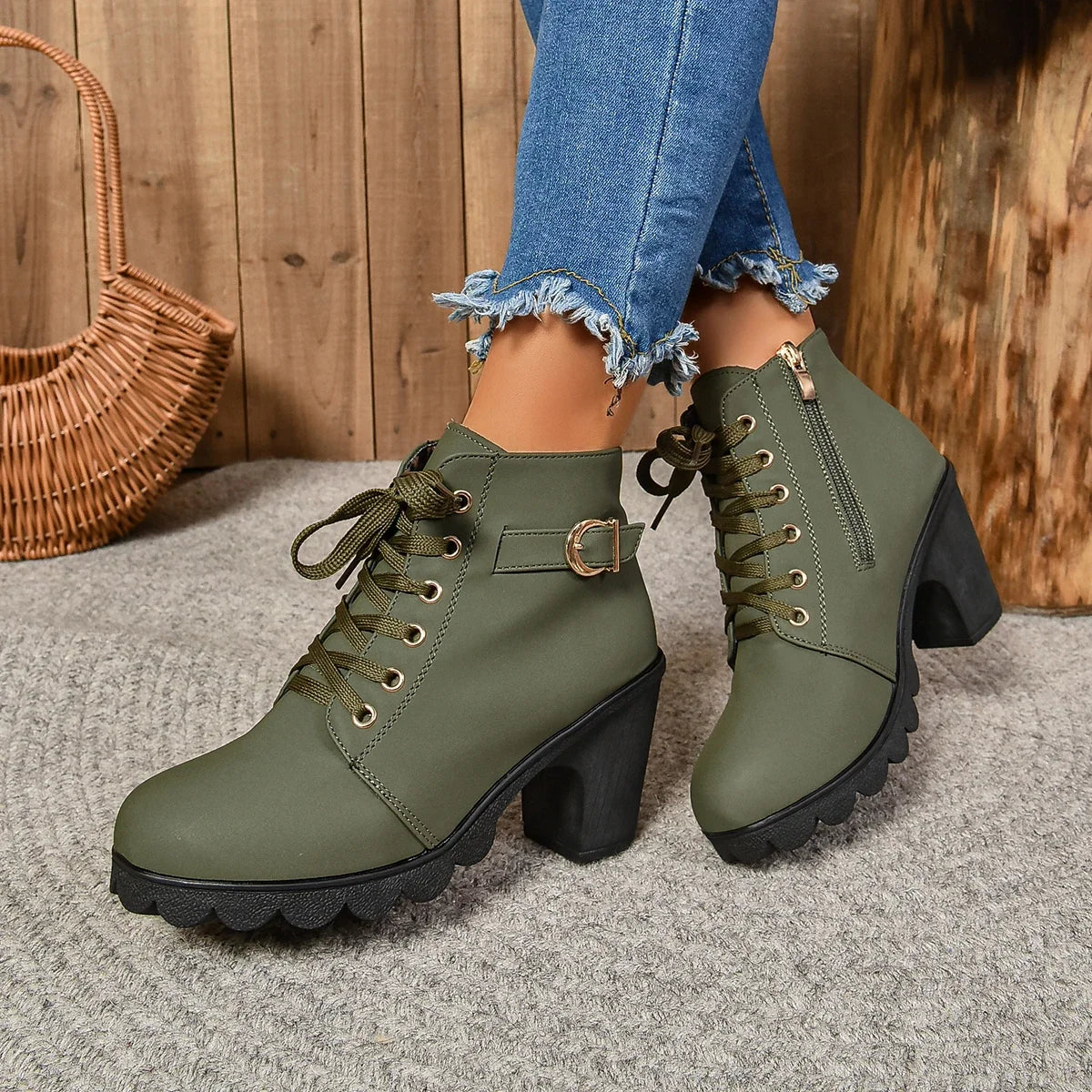 2024 New Spring Winter Women Pumps Boots High Quality Lace-up European Ladies Shoes PU High Heels Boots Fast Delivery
