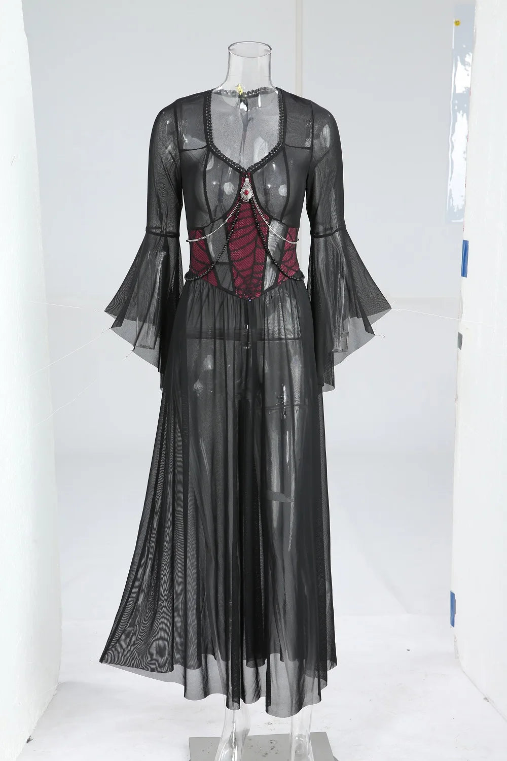 ROSEGAL Gothic Dresses For Girls, Black Flare Sleeves Spider Web Beading Chain Sexy Lace Sheer Mesh See Through Dress Vestidos