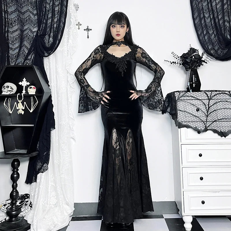 Aesthetic Gothic Midi Dress Women Vintage Split Maxi Dresses Vintage Black Velvet Chain Patchwork Bodycon Long Dress Grunge Robe