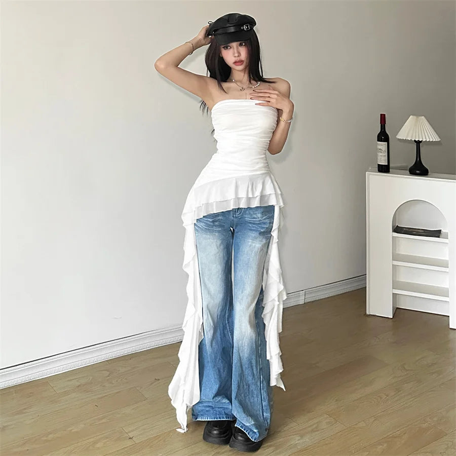 Nibber 2024 Spring New Solid Color Sweet Gentle Cute All-match High Street Travel Sexy Cool Women Chest Wrap ruched Tassel Vest