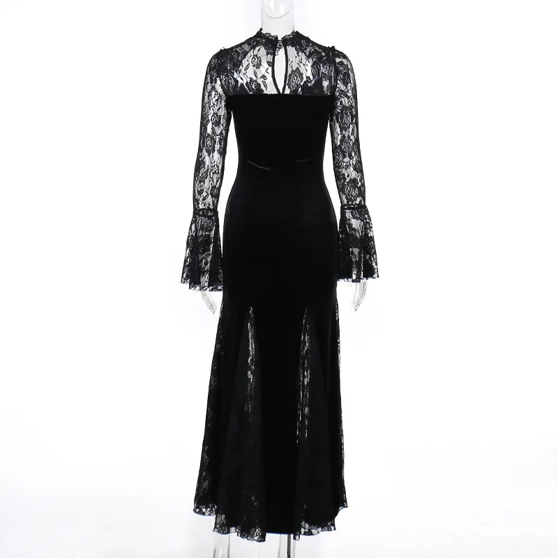 Aesthetic Gothic Midi Dress Women Vintage Split Maxi Dresses Vintage Black Velvet Chain Patchwork Bodycon Long Dress Grunge Robe