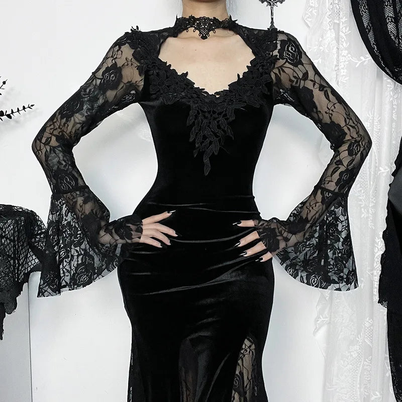 Aesthetic Gothic Midi Dress Women Vintage Split Maxi Dresses Vintage Black Velvet Chain Patchwork Bodycon Long Dress Grunge Robe