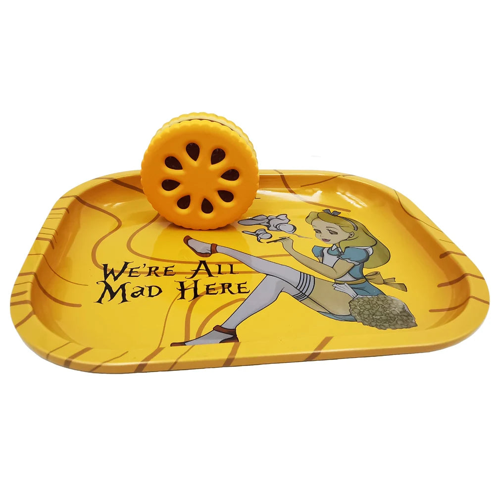 Cookie Metal Grinder Shape 55mm Biscuit Grinder with Tinplate Rolling Tray 7x5.5" Kit Crusher 2 Layer Dried Flowers Grass Set