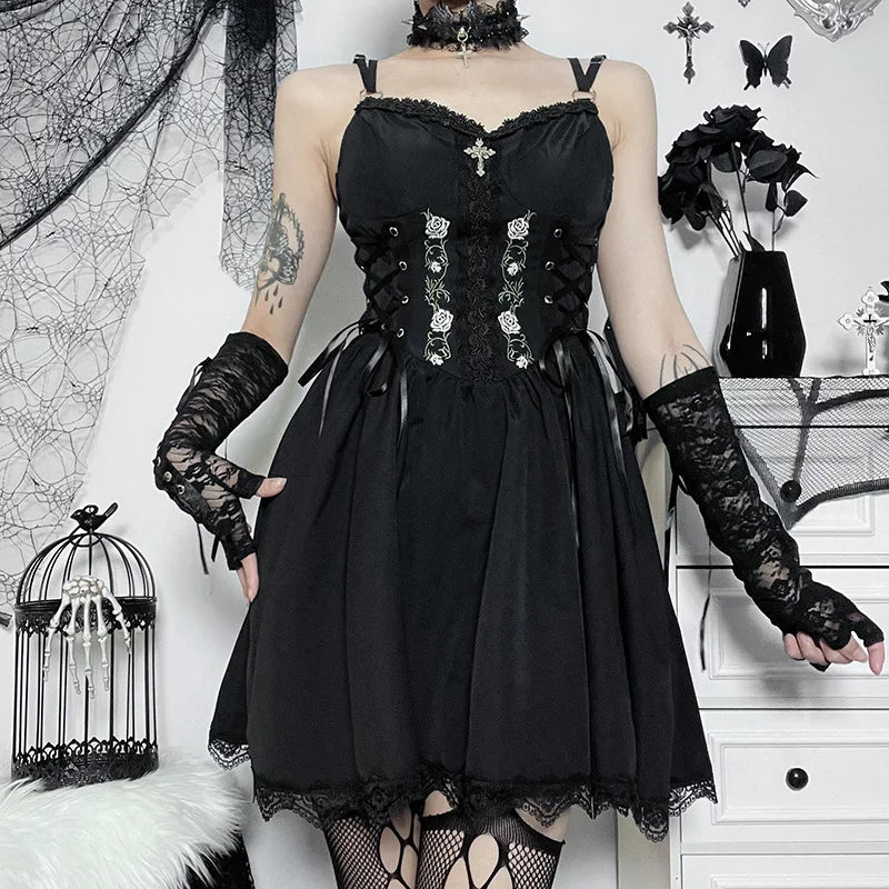 Goth Dark Lolita Gothic Aesthetic Bandage Corset Dresses Grunge Style Black Embroidery Emo Dress Women A-line Party Alt Clothes