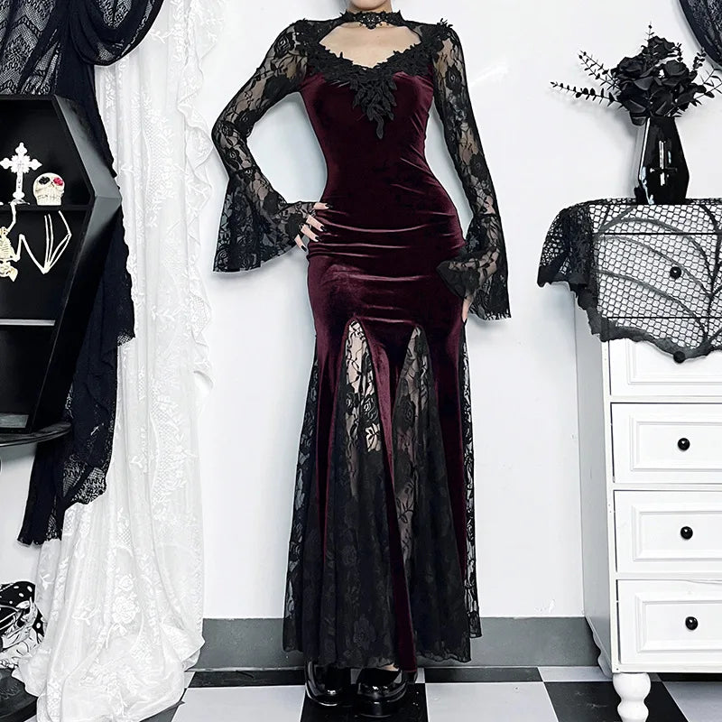 Aesthetic Gothic Midi Dress Women Vintage Split Maxi Dresses Vintage Black Velvet Chain Patchwork Bodycon Long Dress Grunge Robe
