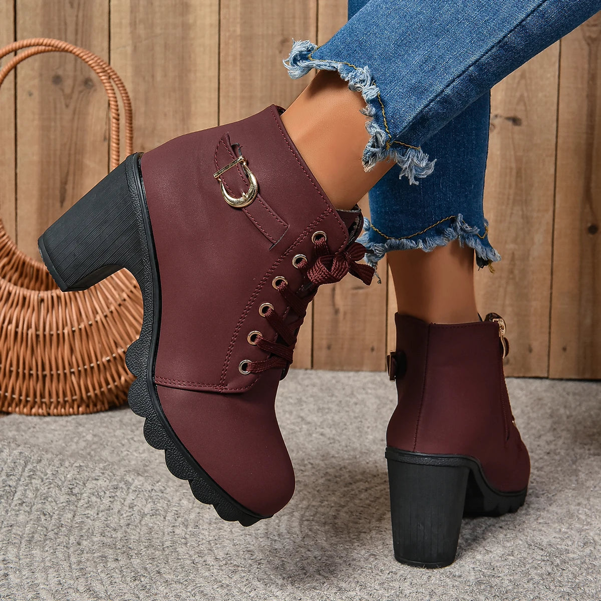 2024 New Spring Winter Women Pumps Boots High Quality Lace-up European Ladies Shoes PU High Heels Boots Fast Delivery