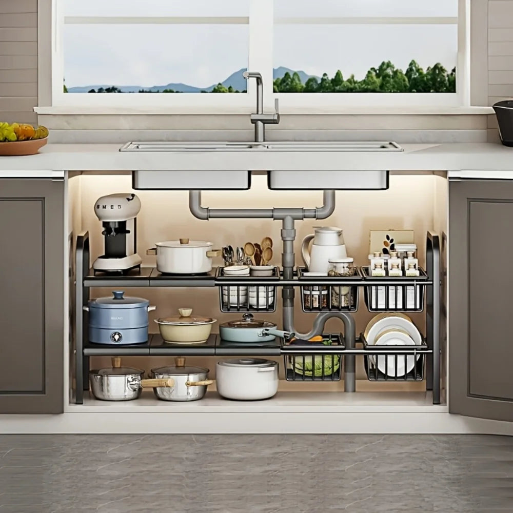 HOMEFISH 1pc 2-Tier Under Sink Organizers,Kitchen Pot Rack, Bathroom, Washbasin, Cabinet Layered Storage Rack, Storage Basket Ca
