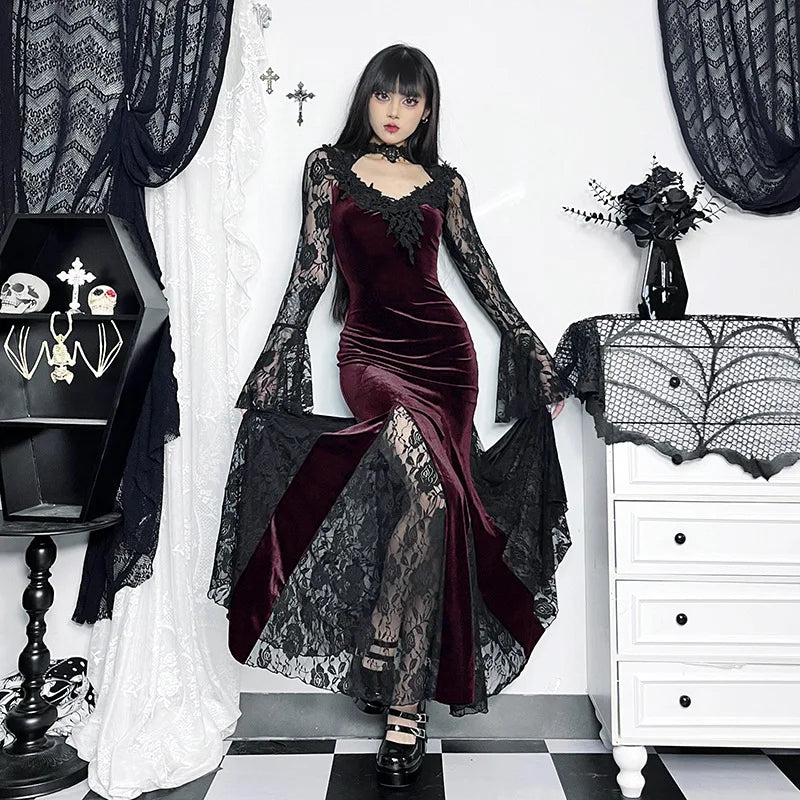 Aesthetic Gothic Midi Dress Women Vintage Split Maxi Dresses Vintage Black Velvet Chain Patchwork Bodycon Long Dress Grunge Robe
