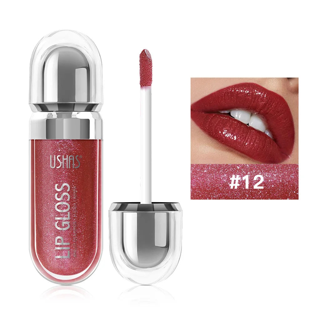 USHAS 12 colors mirror fine flash liquid lipstick pearlescent color waterproof sweatproof non-stick cup lip gloss