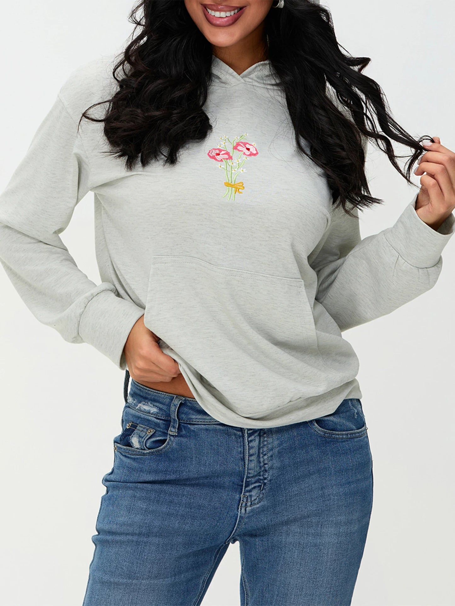 Women s Casual Pullover Hoodies Long Sleeve Floral Print Loose Sweatshirts Streetwear Tops with Embroidered Letters