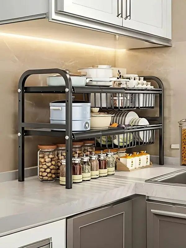HOMEFISH 1pc 2-Tier Under Sink Organizers,Kitchen Pot Rack, Bathroom, Washbasin, Cabinet Layered Storage Rack, Storage Basket Ca
