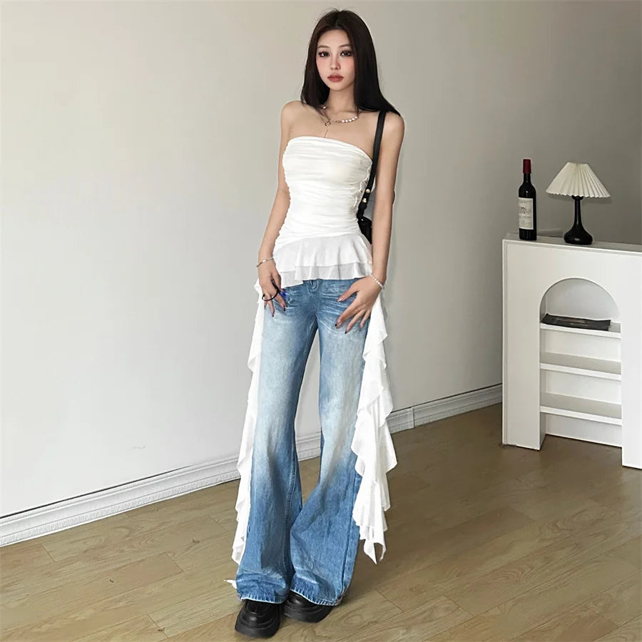 Nibber 2024 Spring New Solid Color Sweet Gentle Cute All-match High Street Travel Sexy Cool Women Chest Wrap ruched Tassel Vest