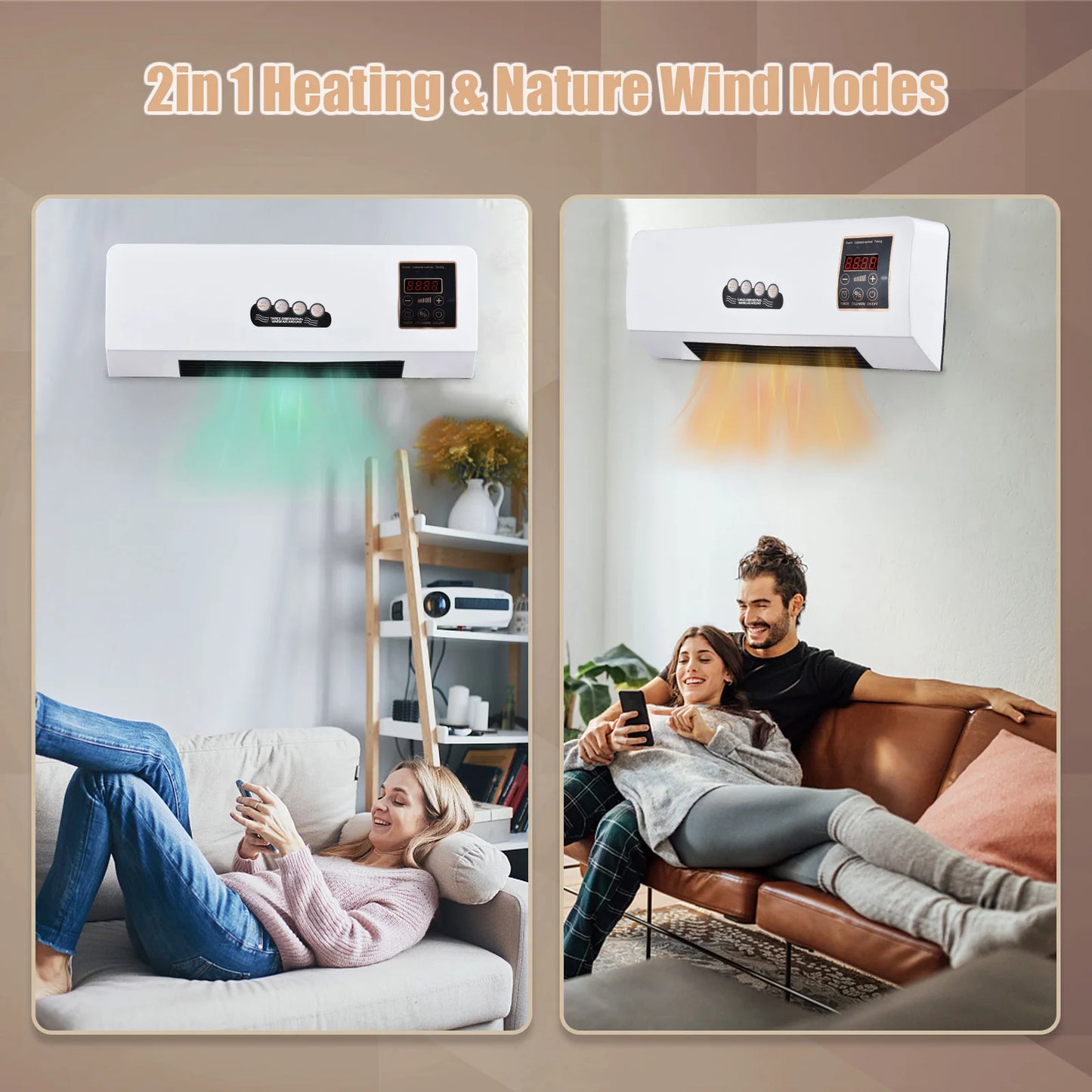 2-in-1 Air Conditioner Heater and Fan Combo Timing Wall Mounted Electric Fan and Space Heater Remote Control for Dormitory Home