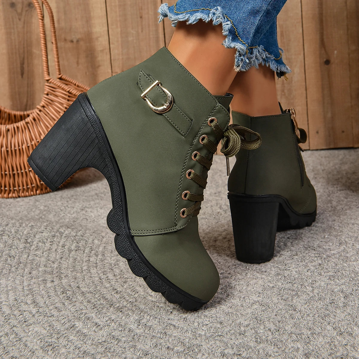 2024 New Spring Winter Women Pumps Boots High Quality Lace-up European Ladies Shoes PU High Heels Boots Fast Delivery