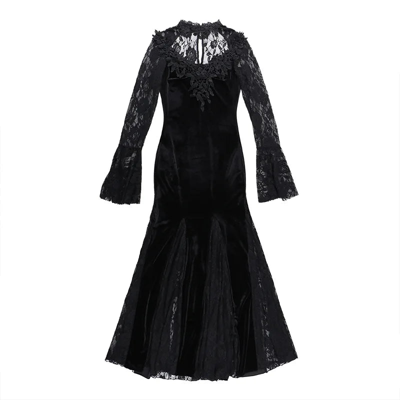 Aesthetic Gothic Midi Dress Women Vintage Split Maxi Dresses Vintage Black Velvet Chain Patchwork Bodycon Long Dress Grunge Robe