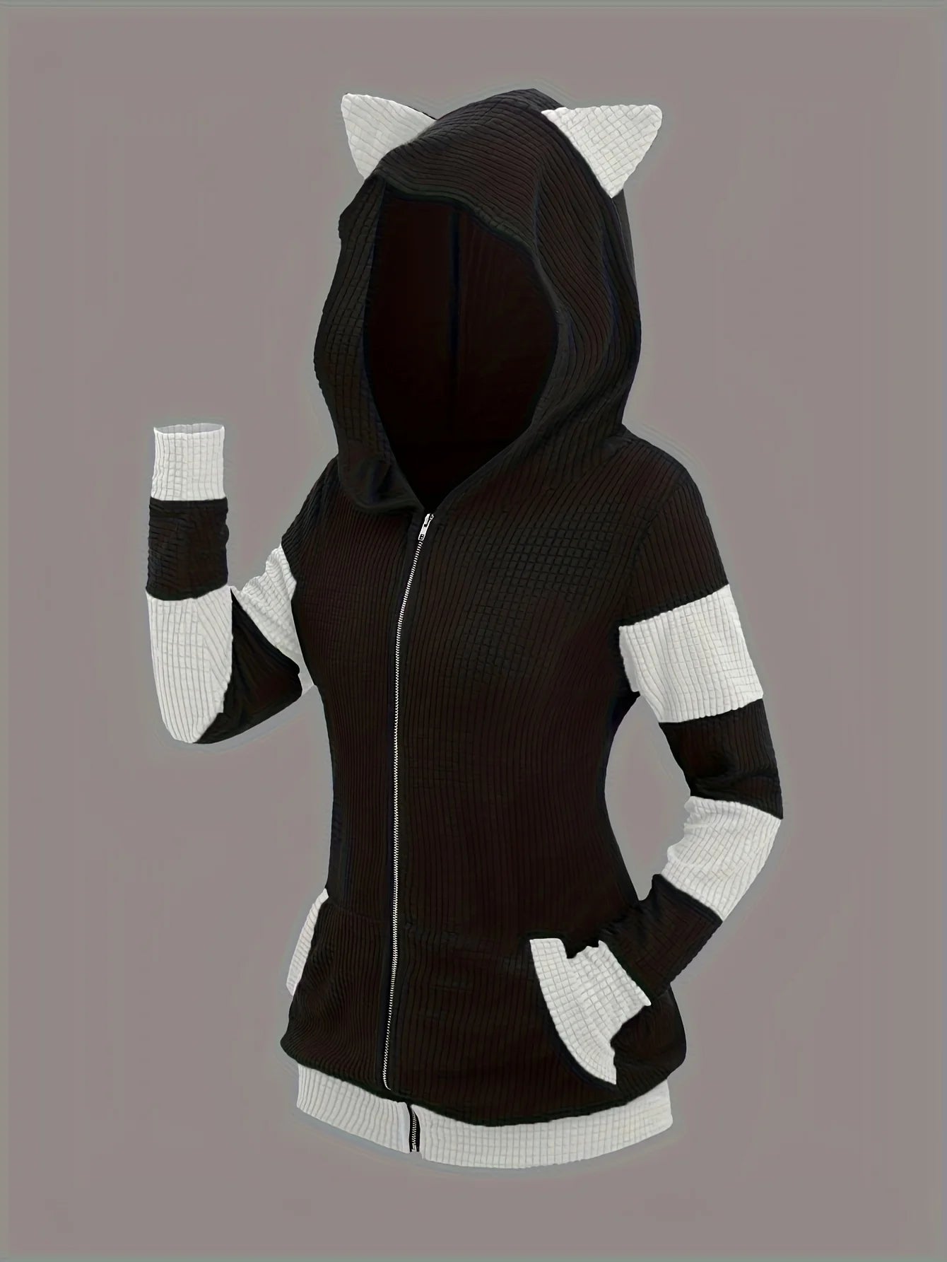 2024 European and American fashion women's new thick cat ears in autumn and winter long color matching hooded sweater coat