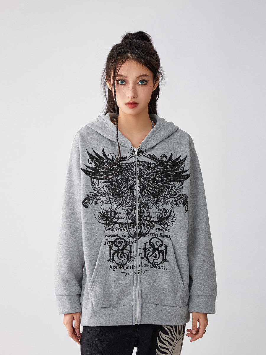 Women s Full Zip Hoodies Vintage Wings Print Long Sleeve Oversized Sweatshirts Grunge Jackets
