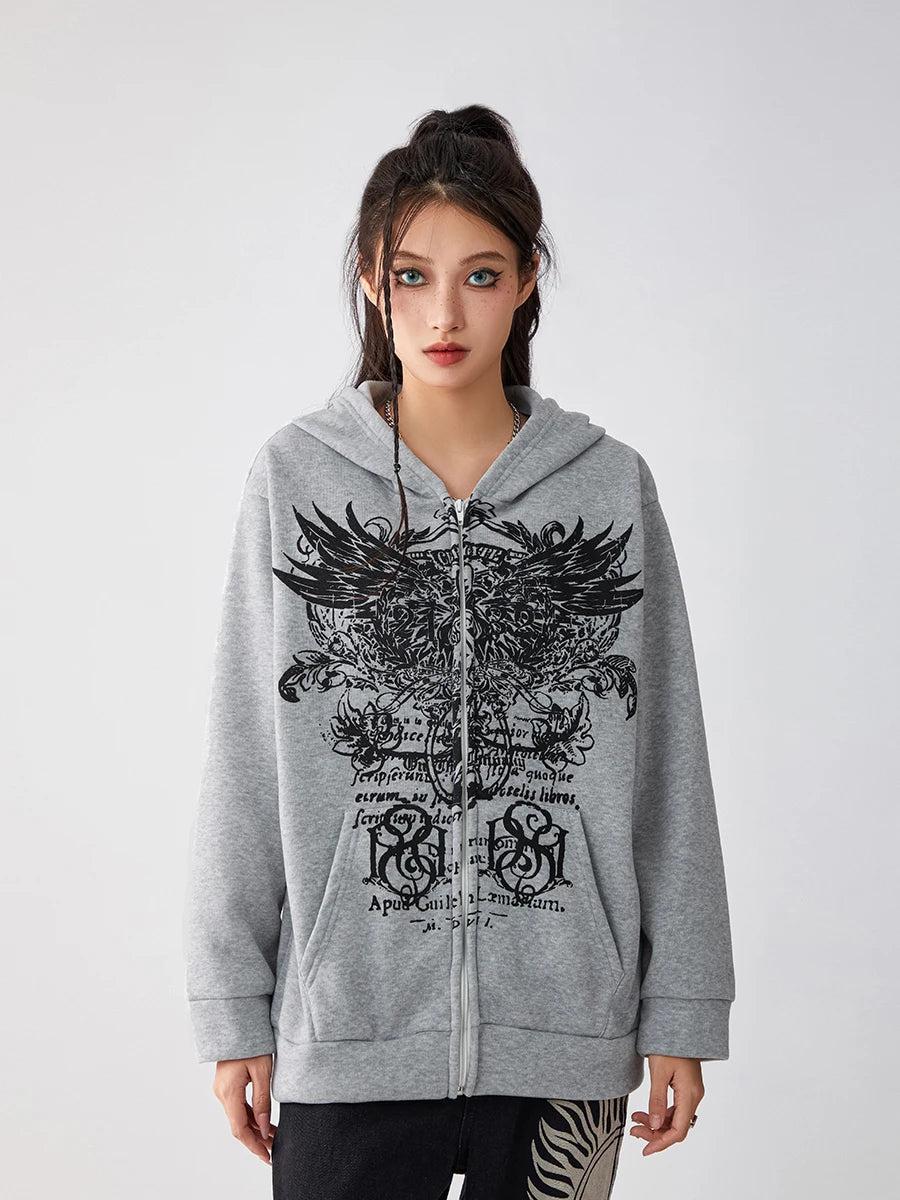 Women s Full Zip Hoodies Vintage Wings Print Long Sleeve Oversized Sweatshirts Grunge Jackets