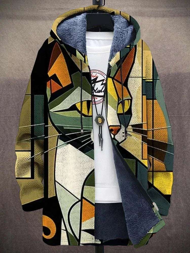 Men Jackets Coats Cute Cats Kitty Printed Zipper Cardigans Cozy Art Graphics Plush Thick Winter Warm Casual Streetwear Clothing
