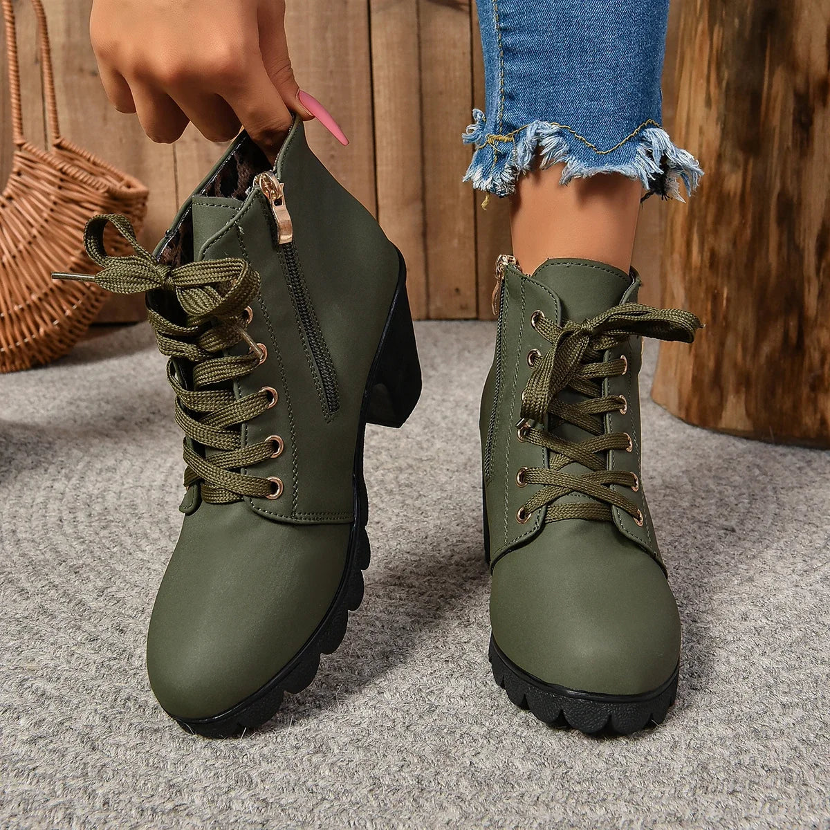 2024 New Spring Winter Women Pumps Boots High Quality Lace-up European Ladies Shoes PU High Heels Boots Fast Delivery