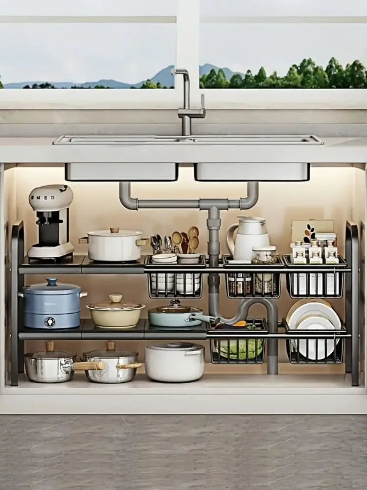 HOMEFISH 1pc 2-Tier Under Sink Organizers,Kitchen Pot Rack, Bathroom, Washbasin, Cabinet Layered Storage Rack, Storage Basket Ca