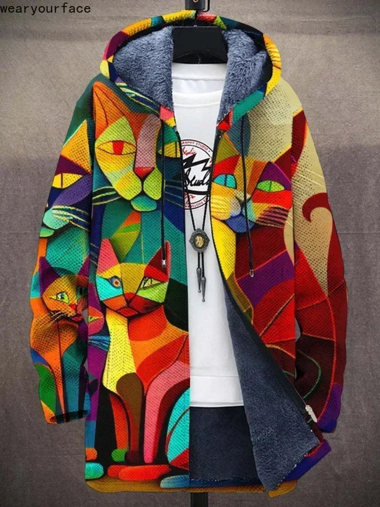 Men Jackets Coats Cute Cats Kitty Printed Zipper Cardigans Cozy Art Graphics Plush Thick Winter Warm Casual Streetwear Clothing