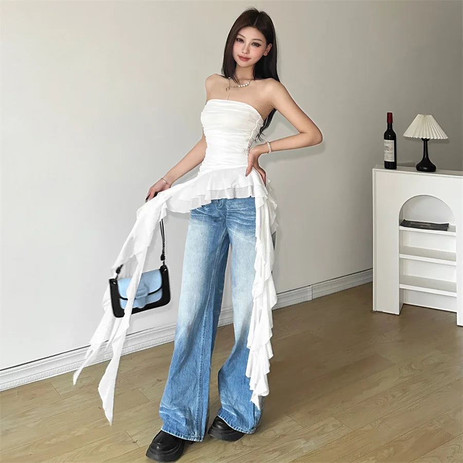 Nibber 2024 Spring New Solid Color Sweet Gentle Cute All-match High Street Travel Sexy Cool Women Chest Wrap ruched Tassel Vest