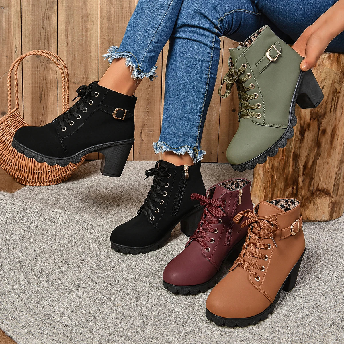 2024 New Spring Winter Women Pumps Boots High Quality Lace-up European Ladies Shoes PU High Heels Boots Fast Delivery