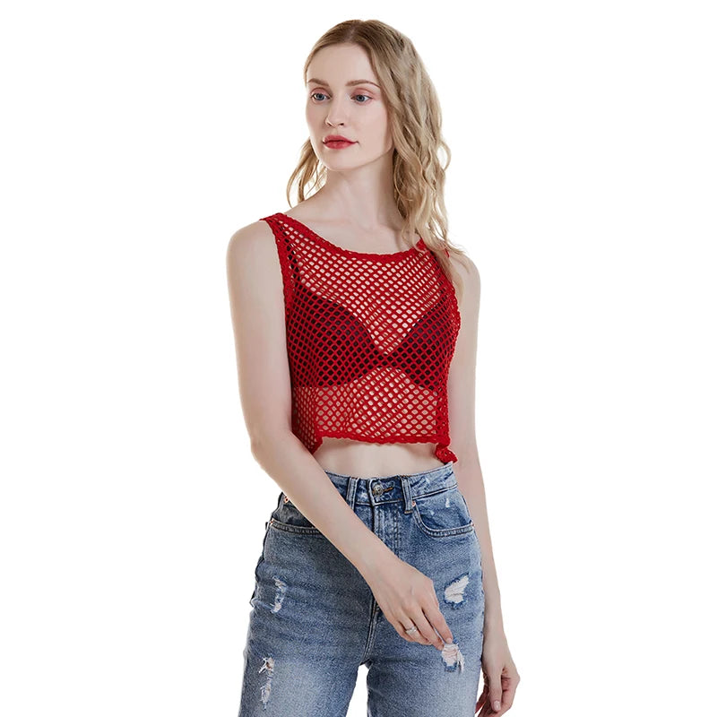 Sexy Black/Red Hollow Out Crop Top 2023 Mesh T-shirt Female Loose Fashion Summer Basic Tops For Women Fishnet Shirt
