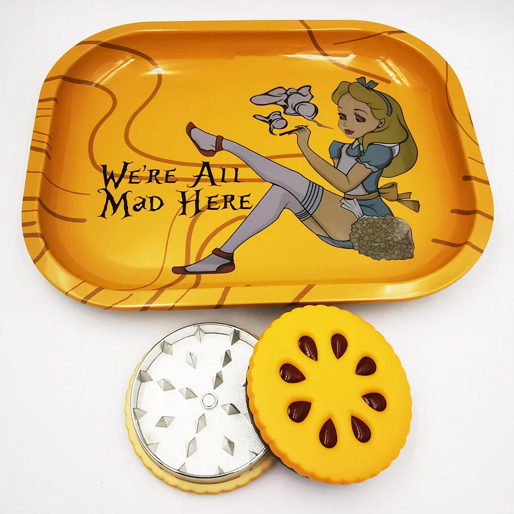 Cookie Metal Grinder Shape 55mm Biscuit Grinder with Tinplate Rolling Tray 7x5.5" Kit Crusher 2 Layer Dried Flowers Grass Set