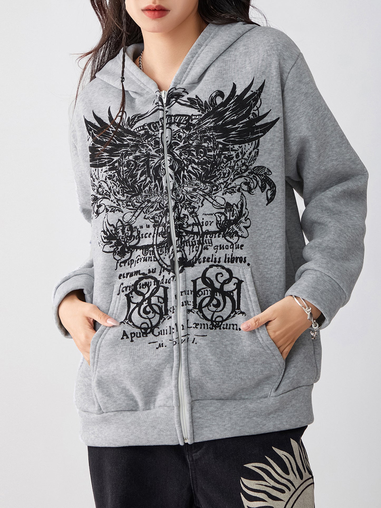 Women s Full Zip Hoodies Vintage Wings Print Long Sleeve Oversized Sweatshirts Grunge Jackets