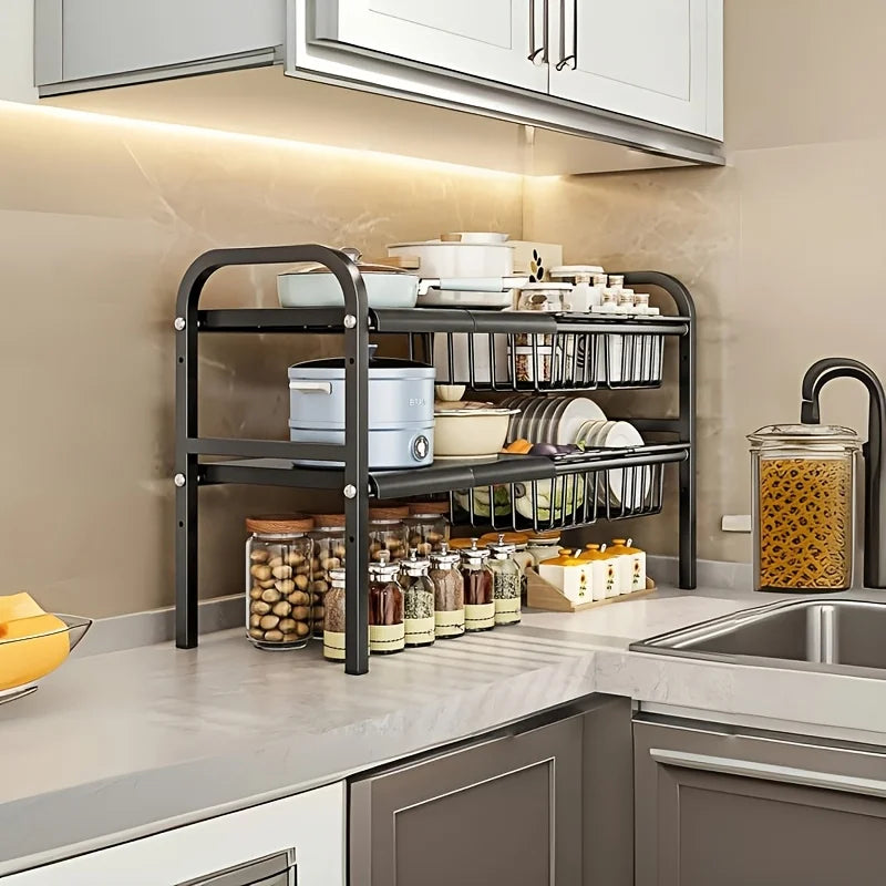 HOMEFISH 1pc 2-Tier Under Sink Organizers,Kitchen Pot Rack, Bathroom, Washbasin, Cabinet Layered Storage Rack, Storage Basket Ca