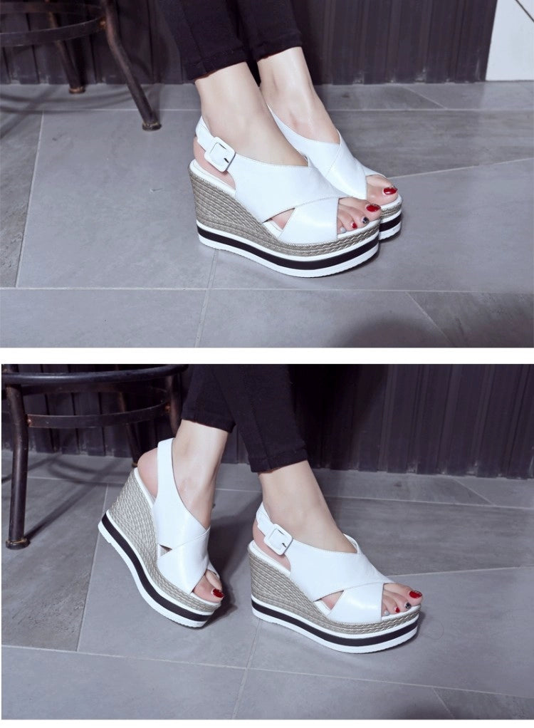 Genuine Leather Wedge Sandals Women's 2025 Summer New Arrival First Layer Cowhide High Heels All-Matching Platform Shoes Thick Sole Roman Shoes