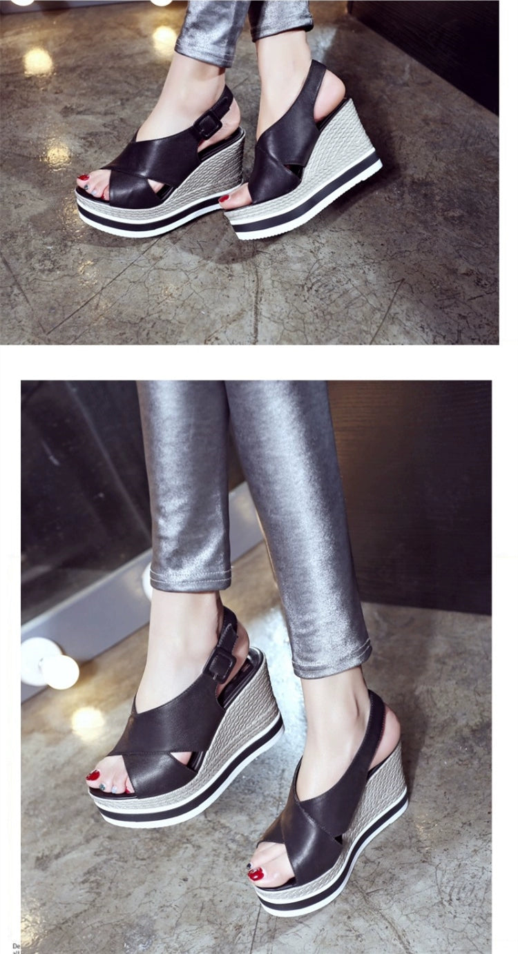 Genuine Leather Wedge Sandals Women's 2025 Summer New Arrival First Layer Cowhide High Heels All-Matching Platform Shoes Thick Sole Roman Shoes