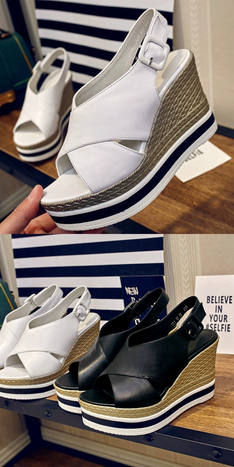 Genuine Leather Wedge Sandals Women's 2025 Summer New Arrival First Layer Cowhide High Heels All-Matching Platform Shoes Thick Sole Roman Shoes