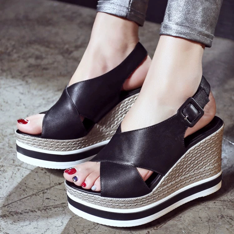 Genuine Leather Wedge Sandals Women's 2025 Summer New Arrival First Layer Cowhide High Heels All-Matching Platform Shoes Thick Sole Roman Shoes