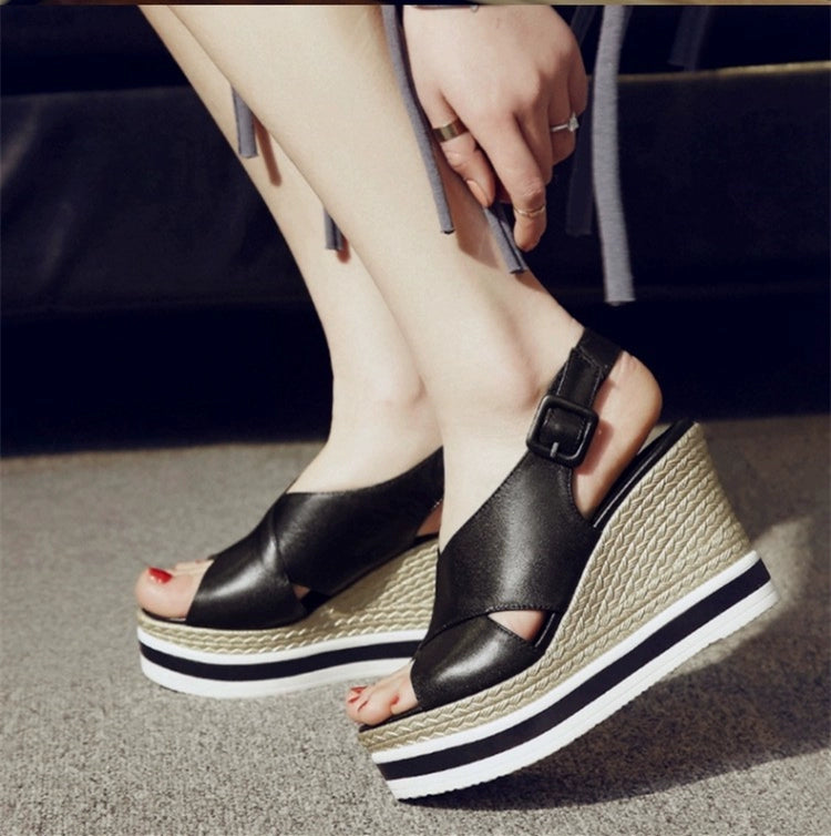 Genuine Leather Wedge Sandals Women's 2025 Summer New Arrival First Layer Cowhide High Heels All-Matching Platform Shoes Thick Sole Roman Shoes