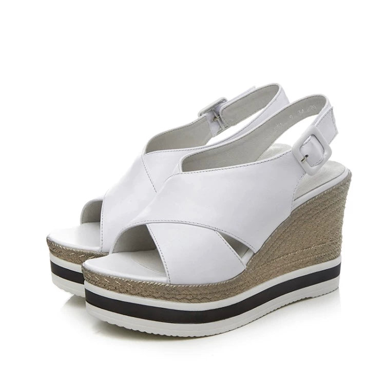 Genuine Leather Wedge Sandals Women's 2025 Summer New Arrival First Layer Cowhide High Heels All-Matching Platform Shoes Thick Sole Roman Shoes