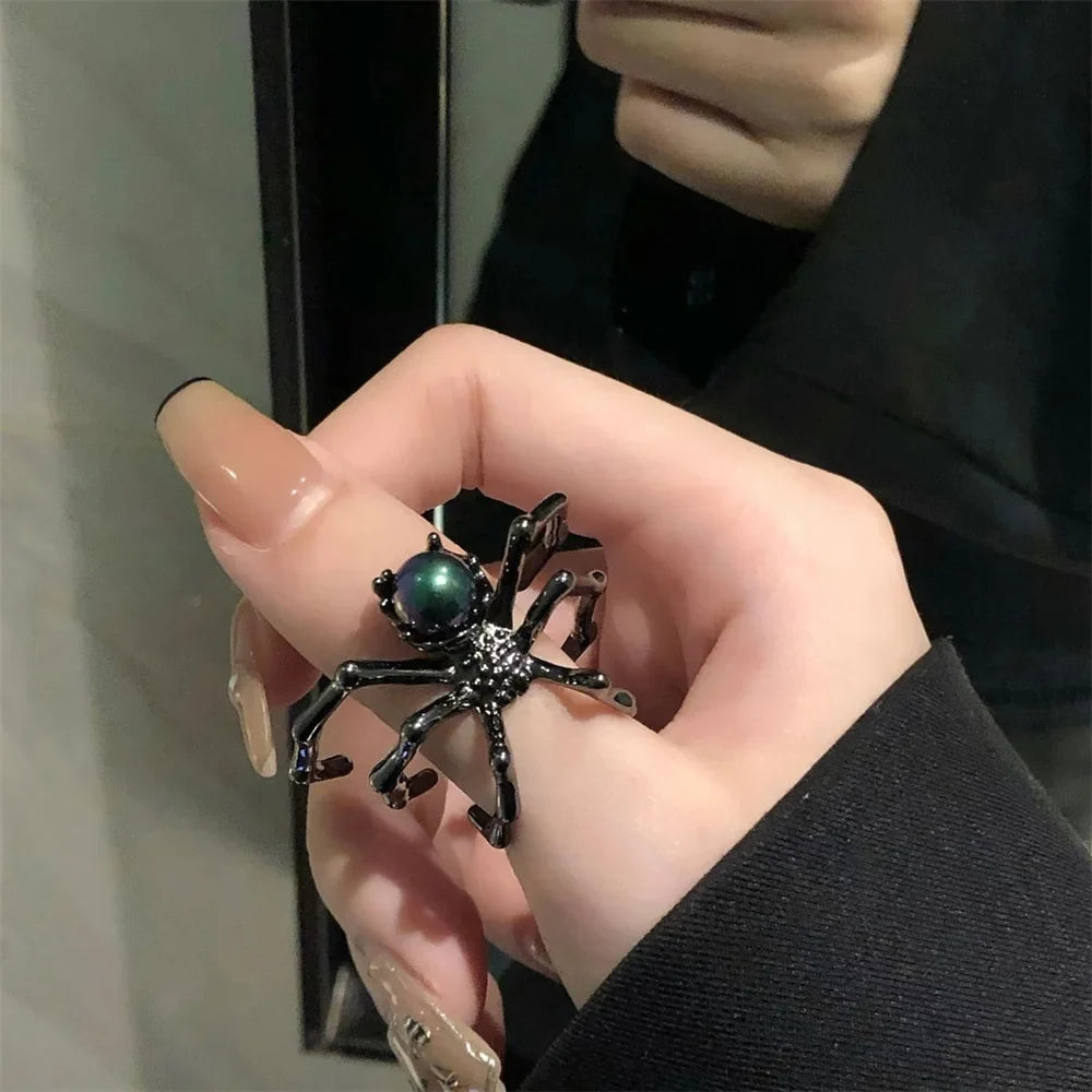 Punk Dark Spider Open Ring Retro Moonstone Black Ring For Women New  Jewelry   Gift